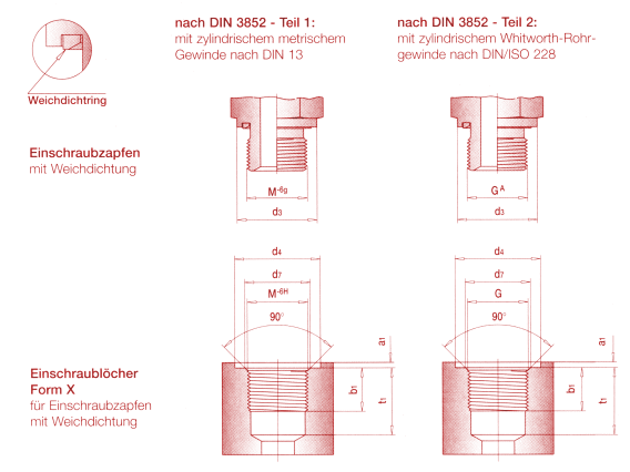 Einschraubzapfen und Einschraublöcher mit Elastomerer Abdichtung durch Weichdichtung DIN 3852