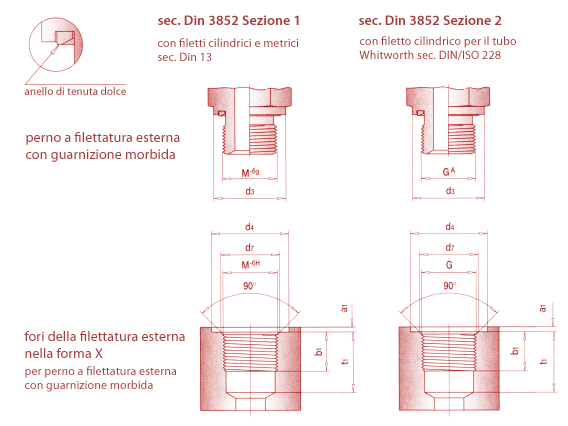 Screw-in taps and screw-in holes with elastomer sealing caused by soft sealings DIN 3852